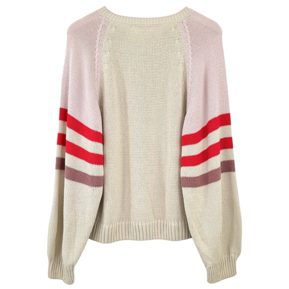 XiRENA Apres Sun Cream Beige Pink Striped Sleeve Loose Fit Cotton Knit Sweater - Picture 2 of 11